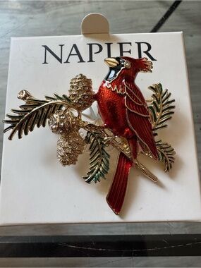 Napier Red Cardinal on Gold Pinecone Brooch